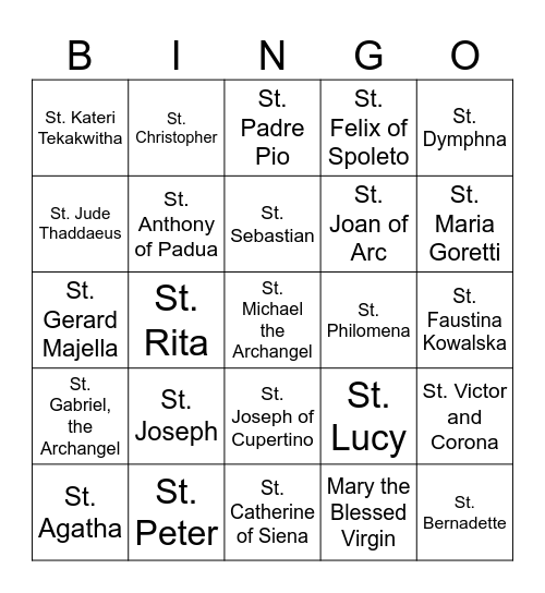 Saint's Bingo Card