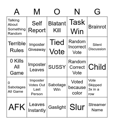 Among Us Public Lobby Bingo Card