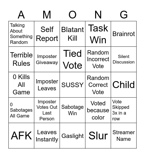 Among Us Public Lobby Bingo Card