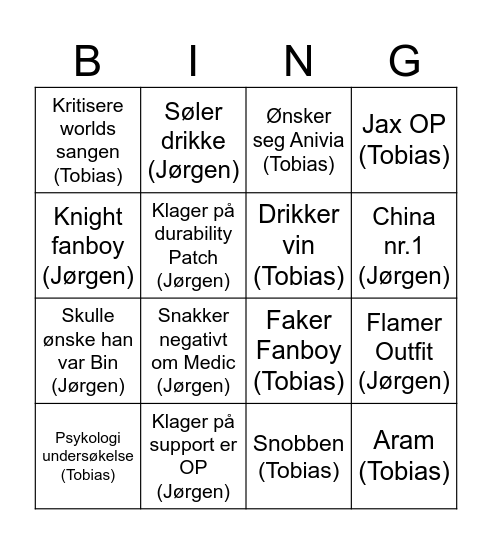 Tobygen Bingo Card