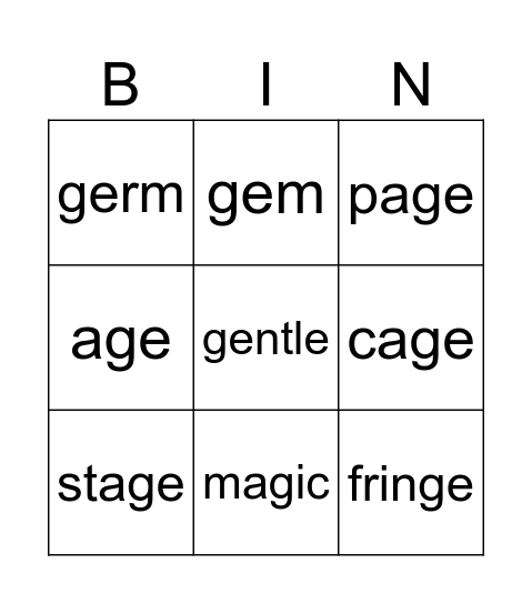 Soft G Bingo Card