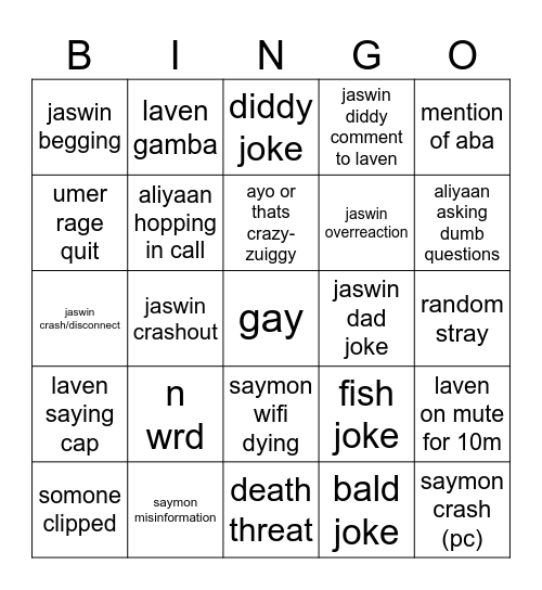 wigga Bingo Card