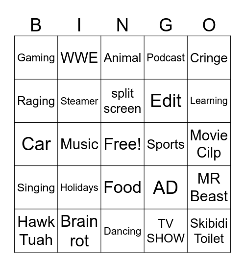 YT SHORTS Bingo Card