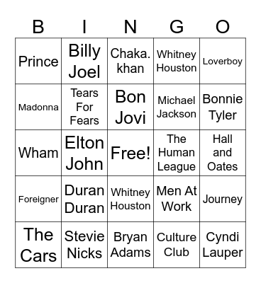 80s MUSIC Bingo Card