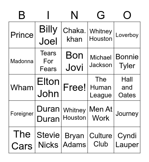 80s MUSIC Bingo Card