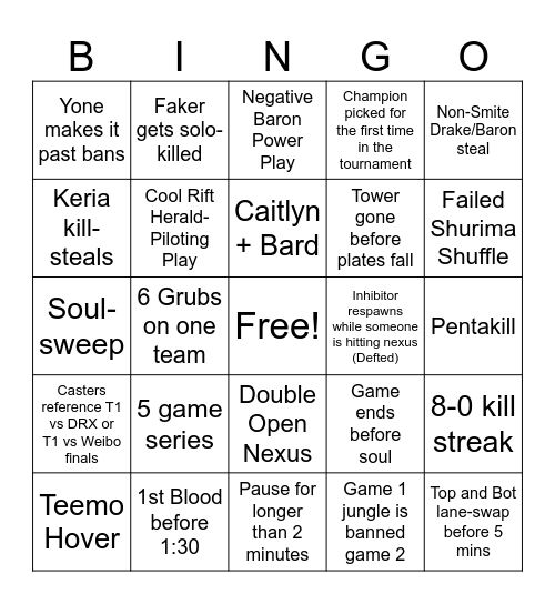 T1 vs BLG Bingo Card