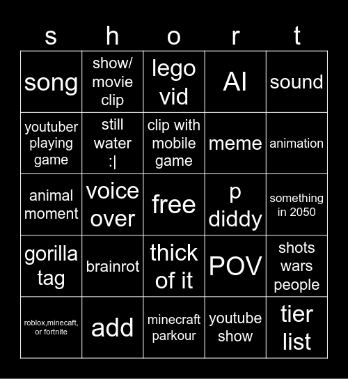 shorts bingo Card