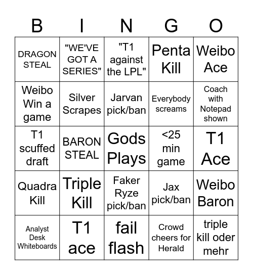 2023 LoL World Championship Finals Bingo Card