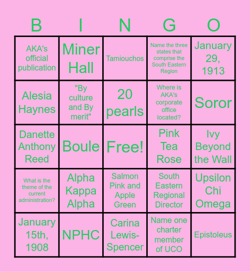AKA Sisterly Relations BINGO Card