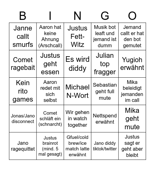 Kluft Bingo Card