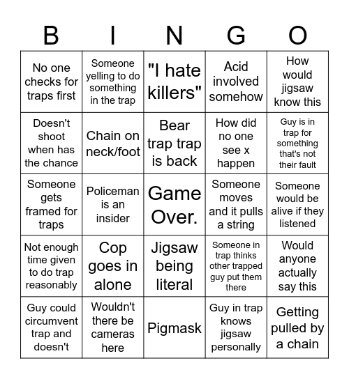 Saw Movie Bingo Card