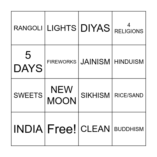 DIWALI Bingo Card