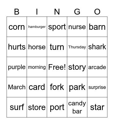 or, ar, ur phonics Bingo Card