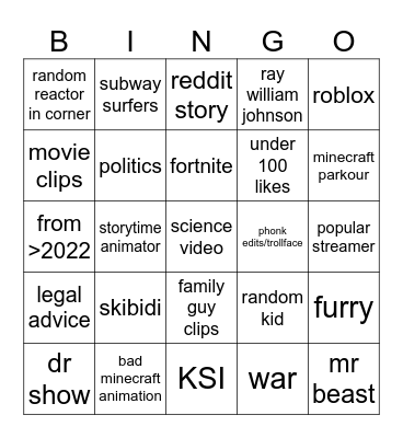 youtube shorts bingo Card