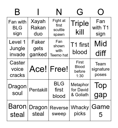 League of Legends Worlds Final 2024 Bingo Card