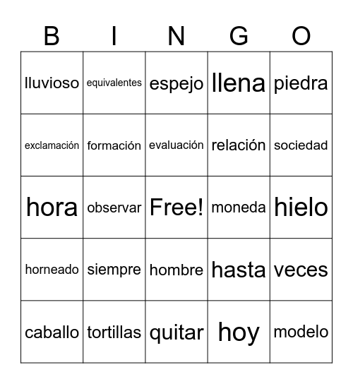 Vocabulario ISIP Bingo Card