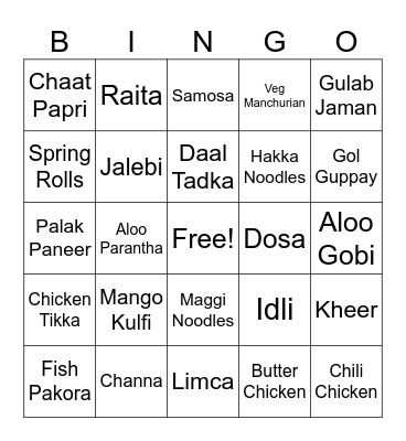 Indian Food BINGO Card