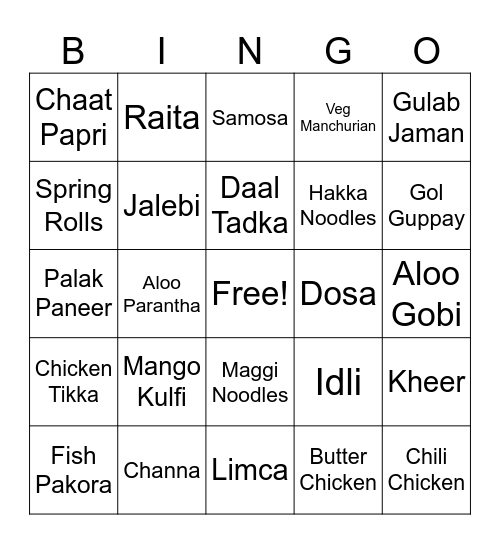 Indian Food BINGO Card