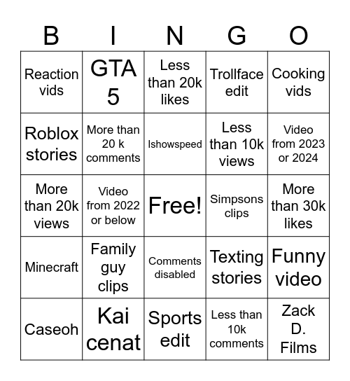 Yt shorts bingo Card