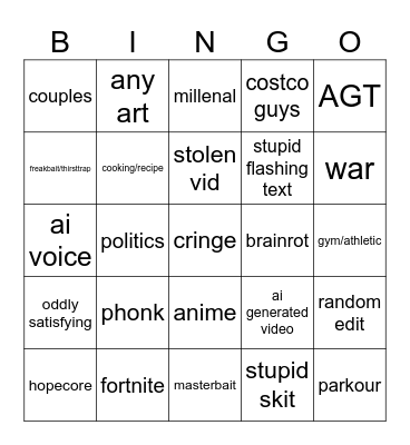 youtube short bingo Card