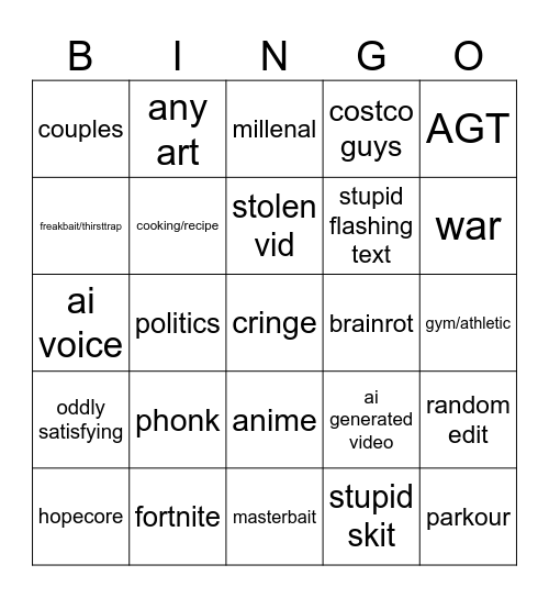 youtube short bingo Card