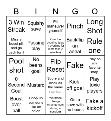 Rocket League Bingo Card