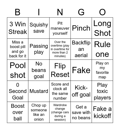 Rocket League Bingo Card