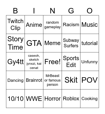 Youtube Shorts Bingo Card