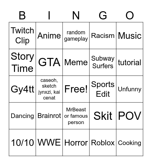 Youtube Shorts Bingo Card