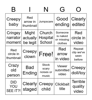 SCARY YOUTUBE VIDEO BINGO Card