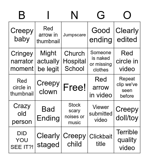 SCARY YOUTUBE VIDEO BINGO Card