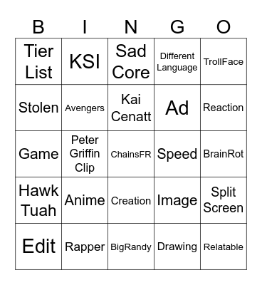 Youtube Shorts Bingo Card