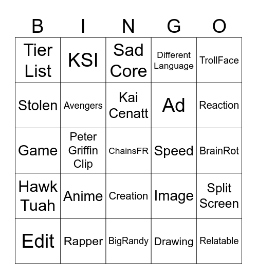 Youtube Shorts Bingo Card