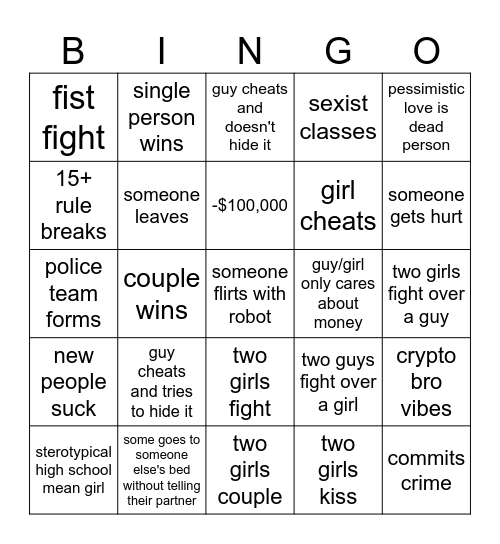 Too hot to handle bingo Card