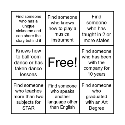 NOVA Staff Scavenger Hunt Bingo Card