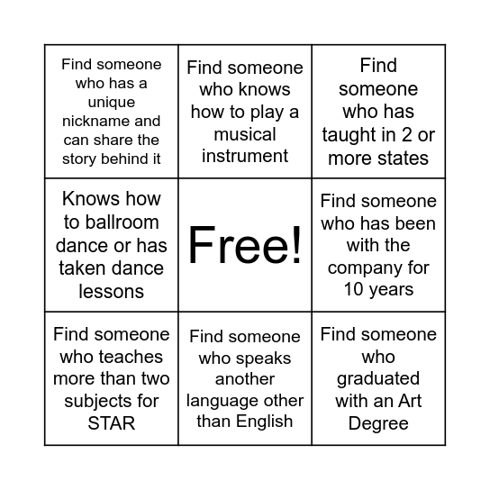 NOVA Staff Scavenger Hunt Bingo Card