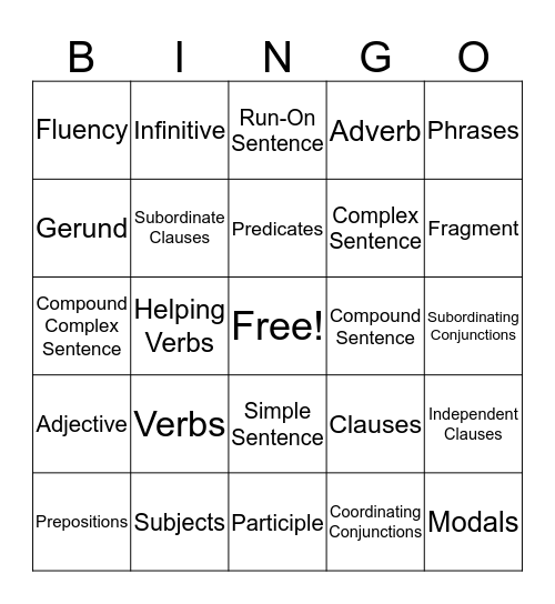 Grammar Terminology Bingo Card