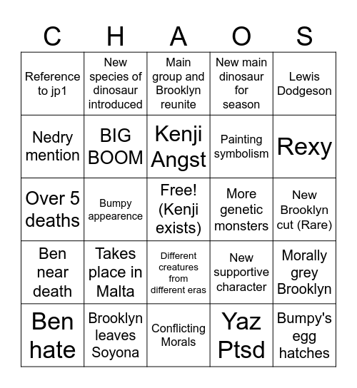 Chaos Theory Bingo Card