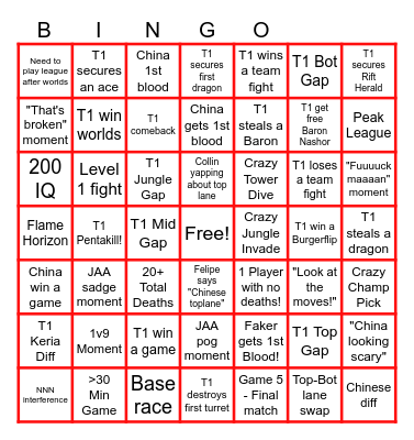 T1 VS BLG BINGO Card
