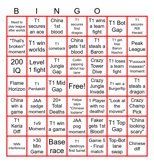 T1 VS BLG BINGO Card