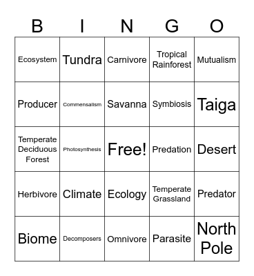 Biomes Bingo Card