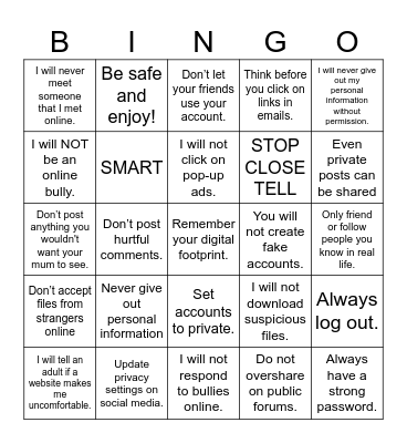 Internet Safety Bingo Card