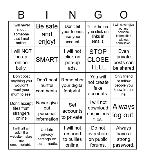 Internet Safety Bingo Card