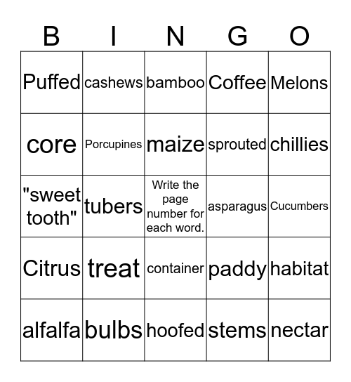 Guided Reading: Plants as Food Bingo Card