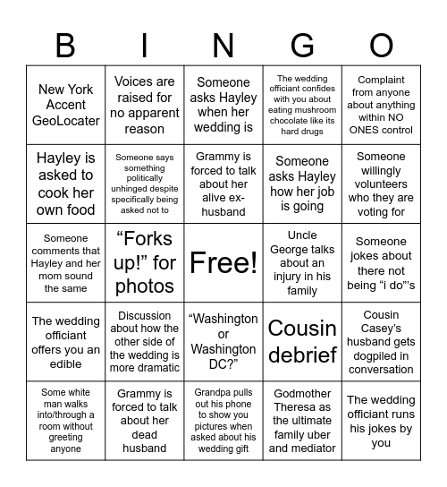 Sowards/Diethelm Wedding Bingo Card