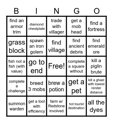 minecraft Bingo Card