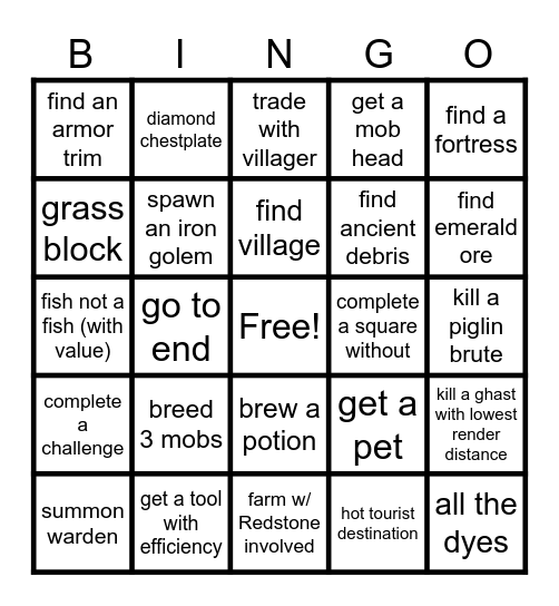 minecraft Bingo Card