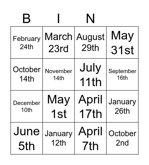 DATES BINGO Card