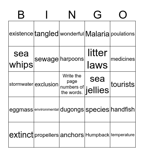 Guided Reading: Sea Creatures at risk Bingo Card