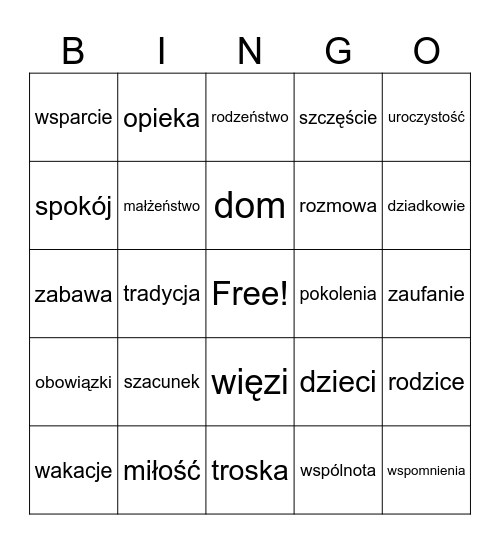 Rodzina Bingo Card